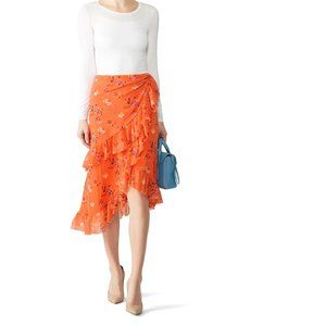 PERFECT FUZZI Mesh Orange Coral Floral Ruffle Asymmetrical Skirt XS